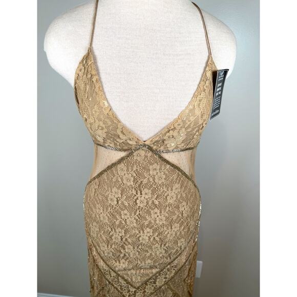 Retrofete Gianni Sequin Beaded Embellished Sheer Lace Champagne Maxi Dress Sz S - Picture 8 of 12